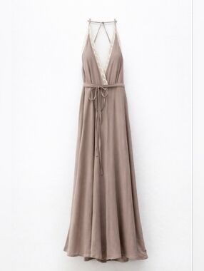 ASOS Lace Trim Maxi Dress Size 14 Taupe Boho Open Back Slip Wedding Guest Brides